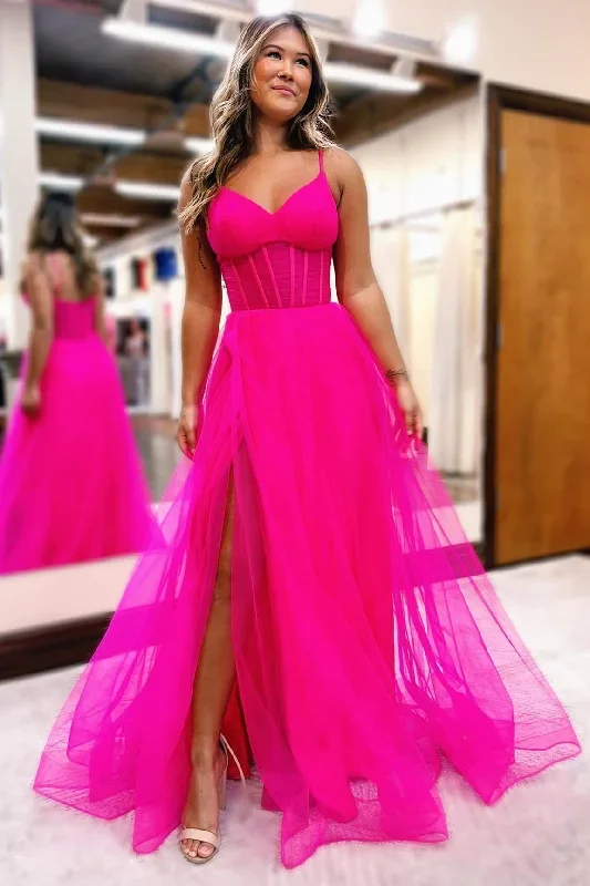 Fuchsia V-Neck Sheer Bodice A-Line Long Prom Dress with Slit