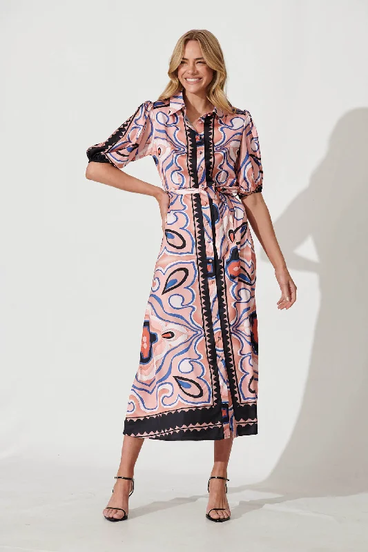 Gabriela Maxi Shirt Dress In Black Multi Print Satin