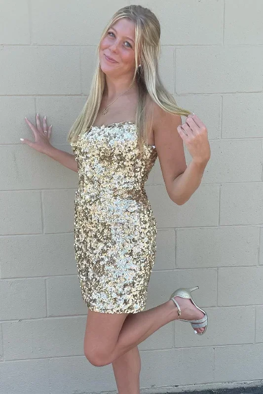 Gold Sequin Strapless Bodycon Short Party Dress