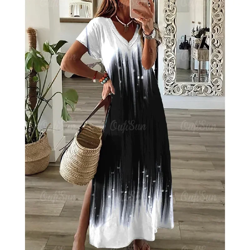 Gradient Print Side Slit Women Dresses Female 2024 Summer Elegant Party Dresses Ladies Vacation Casual Y2k Sexy Evening Dresses