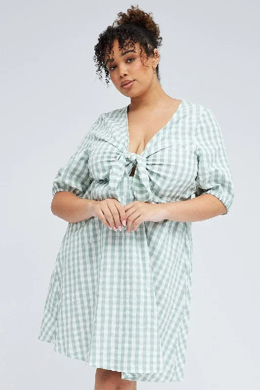 Green Check Mini Dress Tie Gingham Puff Sleeve