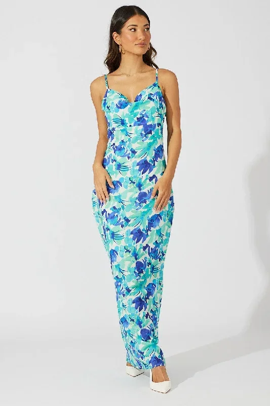 Green Floral Maxi Dress Slip Cami Watercolour Print