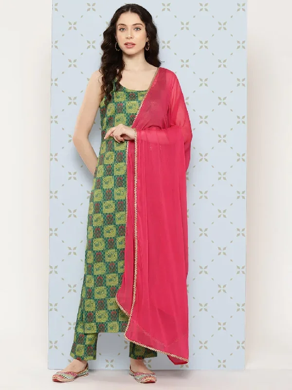 Green Moss Digital Printed Kurta with Pant and Dupatta