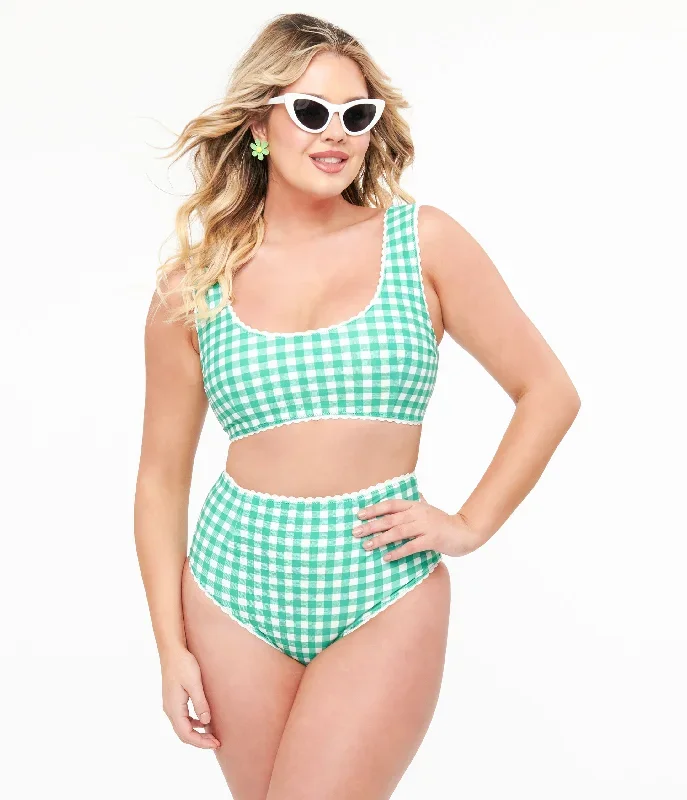 Green & White Gingham Bikini Top