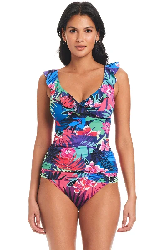 Hawaiian Punch Surplice Ruffle Tankini Top