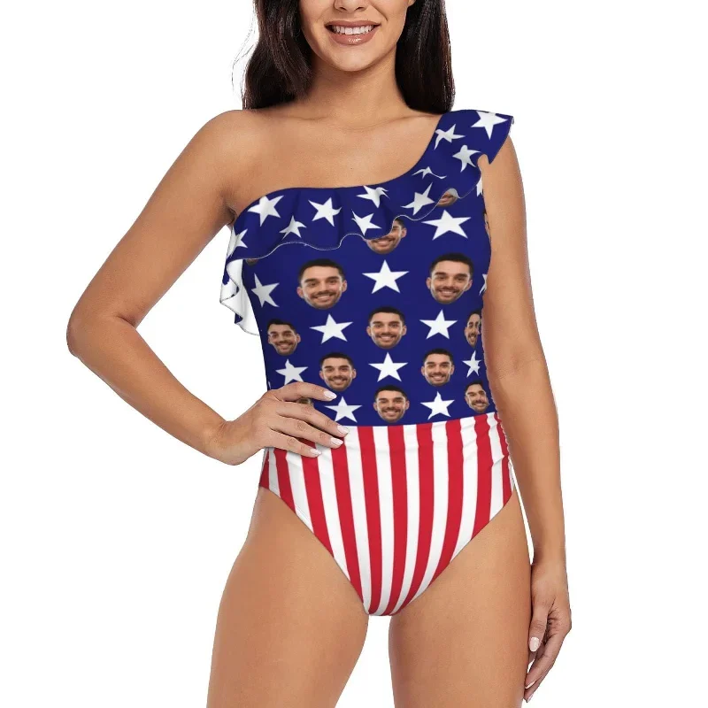 independence-day-custom-face-american-flag-pentagram-swimsuit-personalized-womens-one-shoulder-ruffle-one-piece-bathing-suit