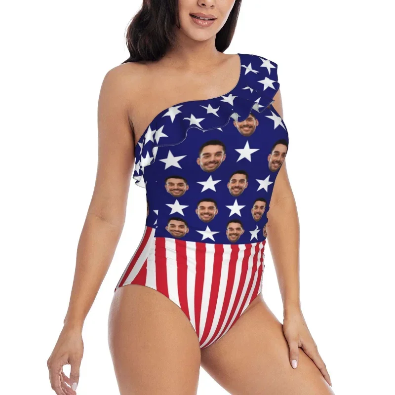 independence-day-custom-face-american-flag-pentagram-swimsuit-personalized-womens-one-shoulder-ruffle-one-piece-bathing-suit