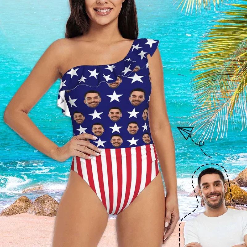 independence-day-custom-face-american-flag-pentagram-swimsuit-personalized-womens-one-shoulder-ruffle-one-piece-bathing-suit