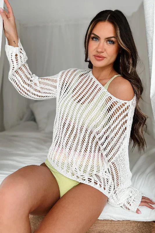 Island Vista Long Sleeve Crochet Top (White)