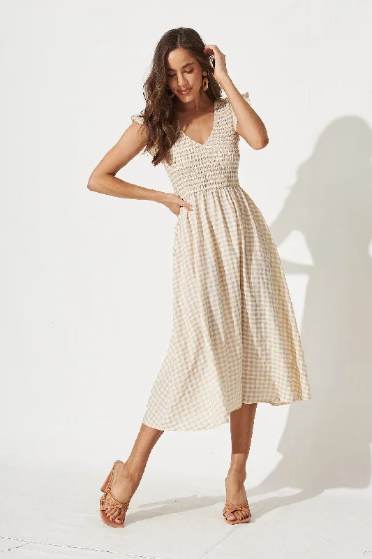 Jeannie Midi Dress In Beige Gingham