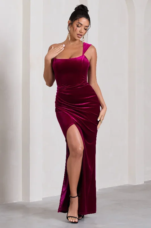 Jessica | Berry Velvet One Shoulder Corset Style Wrap Maxi Dress