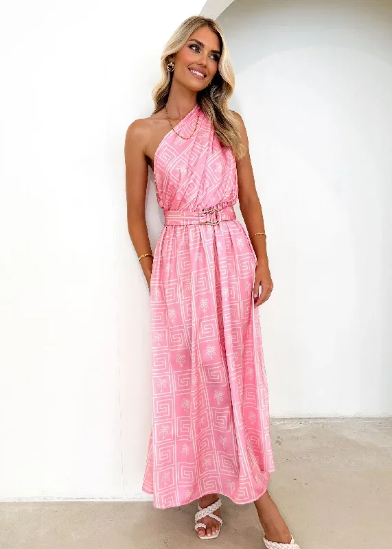 Korah One Shoulder Midi Dress - Pink Palm