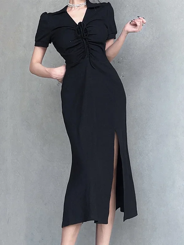 BerryBetty - Lace Up Slit Knitted Black Maxi Dress