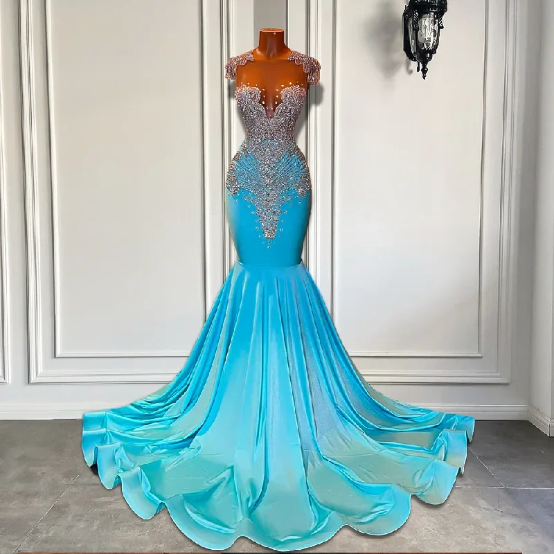 Long Sparkly Prom Dresses 2024 Sexy Sheer Top Luxury Diamond Light Blue Black Girls Mermaid Prom Gala Party Gowns