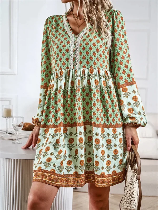 FashionSierra - 2024 Loose Vintage Printed Long Sleeve Mini Boho Dress