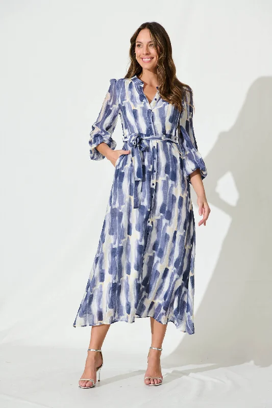 Lorie Maxi Shirt Dress In Blue Multi Brushstroke Print Cotton Blend