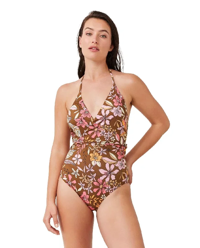 Luma Resort Flower Surplice Halter One Piece Swimsuit