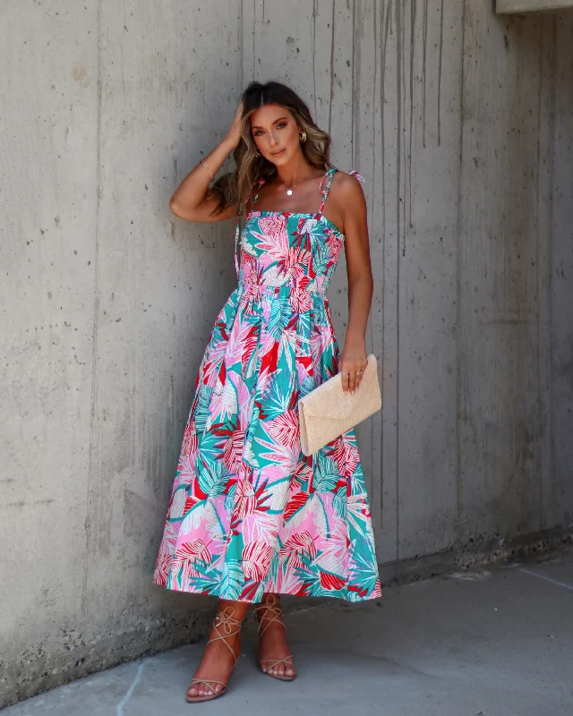 Mallorie Shoulder Tie Tropical Print Maxi Dress