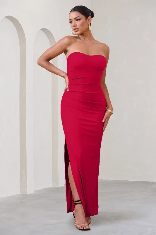 Manon | Red Sweetheart Bandeau Maxi Dress With Thigh Split