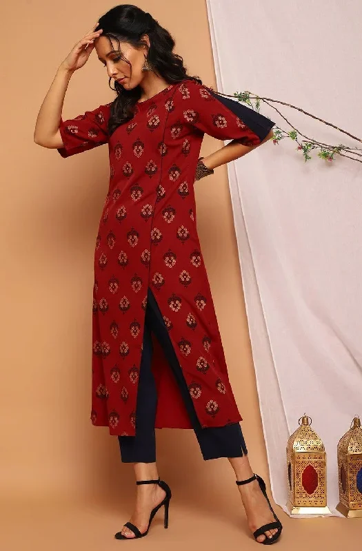 Maroon Poly Crepe Kurta With Pant