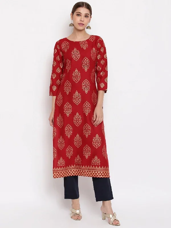 Maroon Rayon Ethnic Motifs Straight Kurta