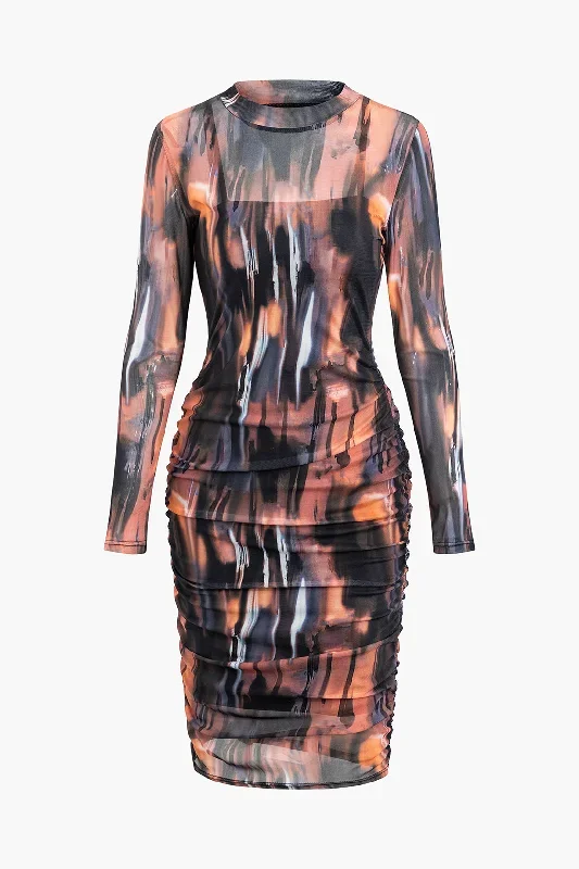 Tie Dye Mock Neck Mesh Long Sleeve Midi Dress With Lining