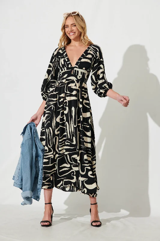 Melski Maxi Dress In Black With Cream Swirl Print