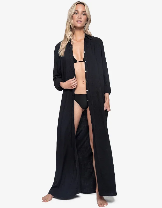 Midnight Billie Button Maxi Shirt Cover Up - Black