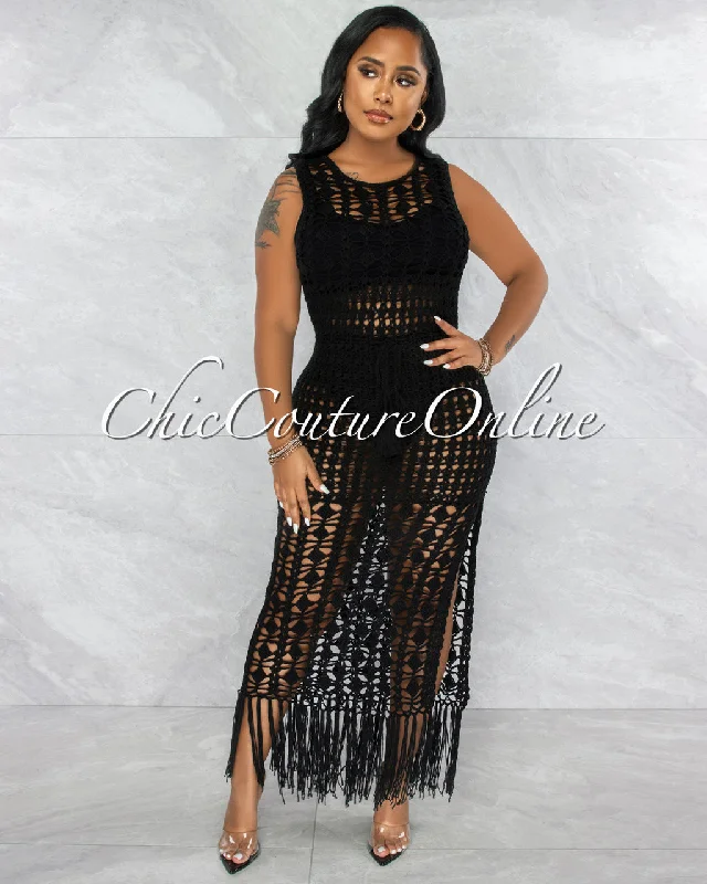 Millan Black Crochet Cover-Up Midi Dress