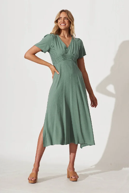 Morgan Midi Dress In Sage Green Linen