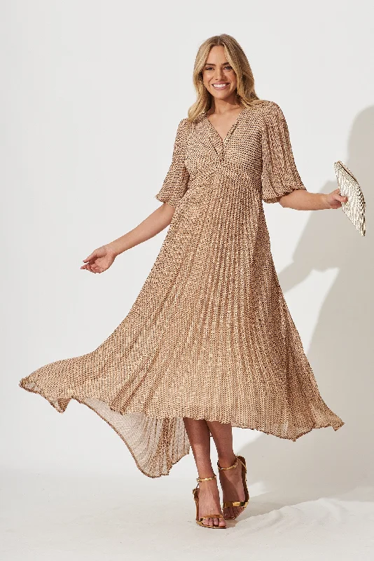 Moritz Maxi Dress In Beige With Brown Retro Print