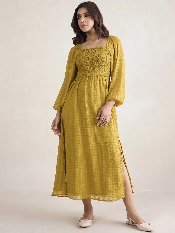 Mustard Front Slit Smocked Maxi Dress