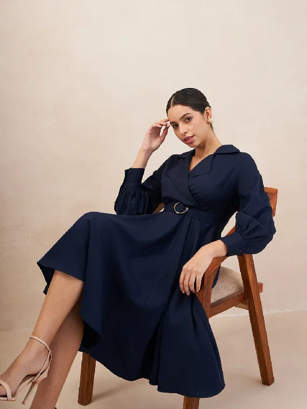 Navy Blue Lapel Collar Wrap Midi Dress