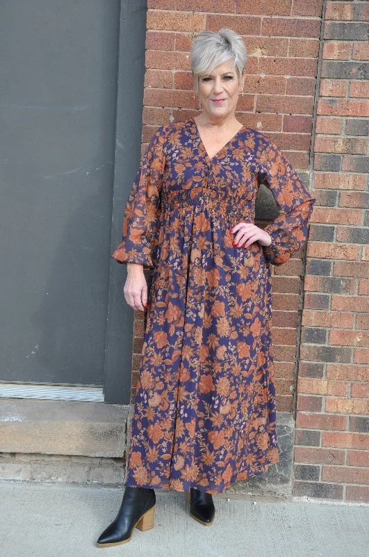 Navy Rust Floral Maxi Dress