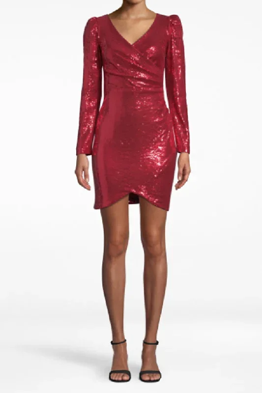 Nicole Miller - Sequin Long Sleeve Surplice Dress