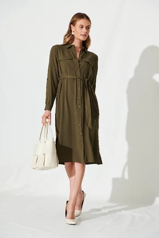 Nirvani Midi Shirt Dress In Khaki