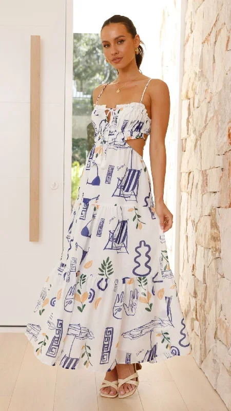 Odie Maxi Dress - White / Blue Print