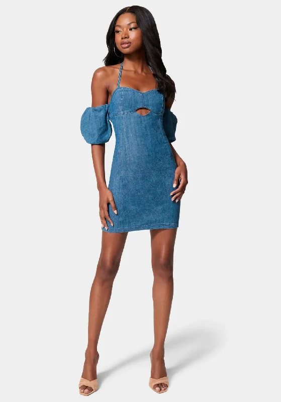 Off Shoulder Bubble Sleeve Denim Dress