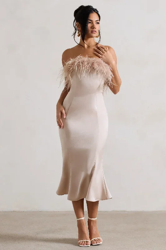 One And Only | Champagne Satin Feather Trim Midi Dress