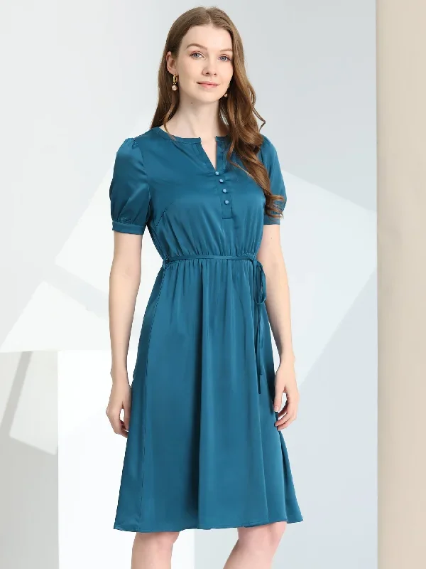 Satin V Neck Short Sleeve A-Line Belted Midi Dress