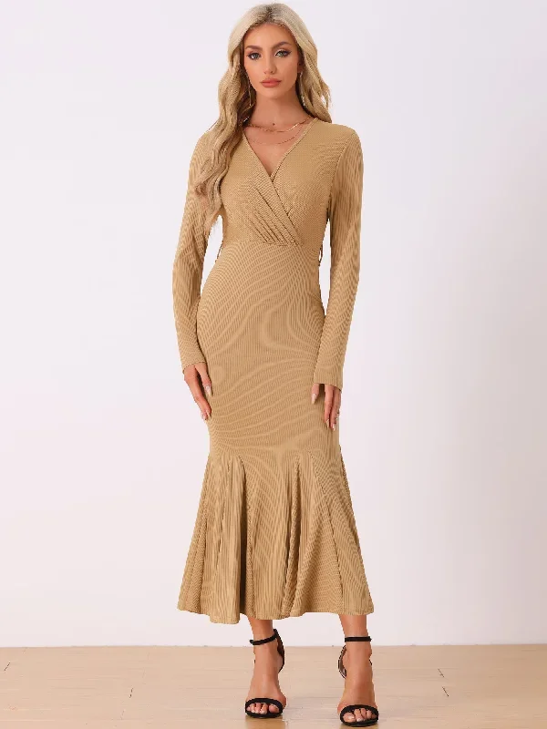 Solid Belted Long Sleeves Bodycon Fishtail Mermaid Maxi Dress