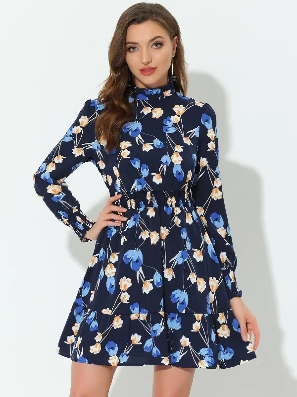 Floral Print Long Sleeve High Neck Ruffle Smocked Mini Dress