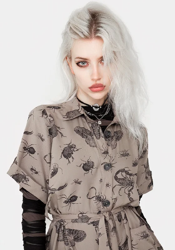 parasite-bugs-print-mini-short-sleeve-shirt-dress-taupe