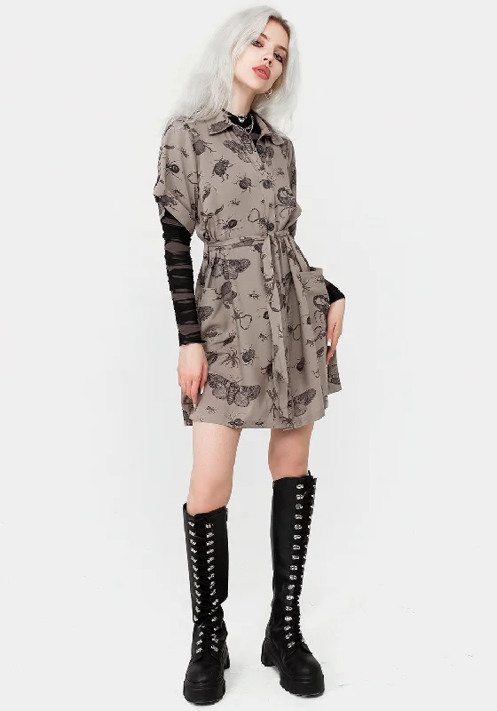 parasite-bugs-print-mini-short-sleeve-shirt-dress-taupe