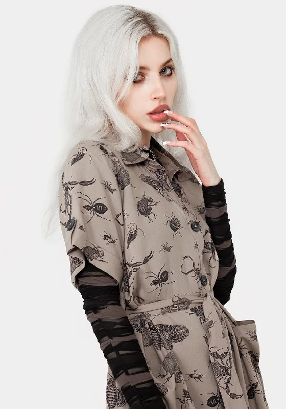 parasite-bugs-print-mini-short-sleeve-shirt-dress-taupe