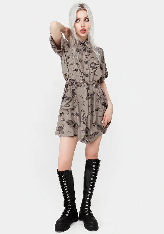 parasite-bugs-print-mini-short-sleeve-shirt-dress-taupe