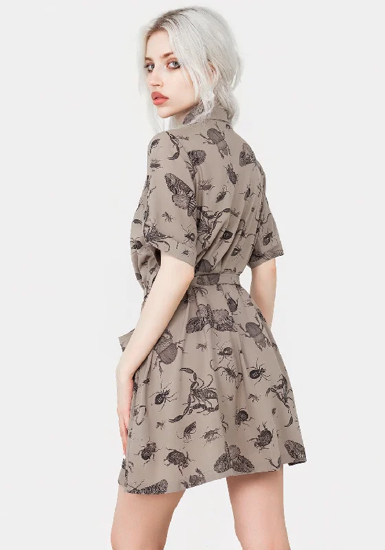 parasite-bugs-print-mini-short-sleeve-shirt-dress-taupe