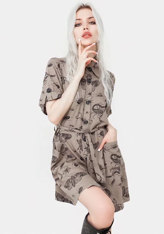 parasite-bugs-print-mini-short-sleeve-shirt-dress-taupe