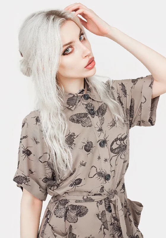 parasite-bugs-print-mini-short-sleeve-shirt-dress-taupe