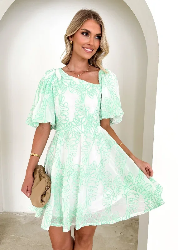 Picer One Shoulder Dress - Green Embroidered